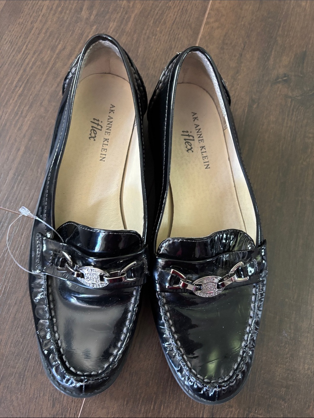 Anne Klein Black Patent Leather Loafers with Silver Bit